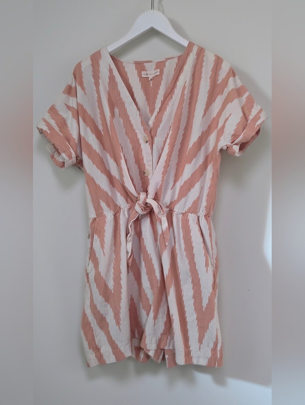 Lou & Grey Earthy Stripe Button Front Romper in Blush & Cream Size M
